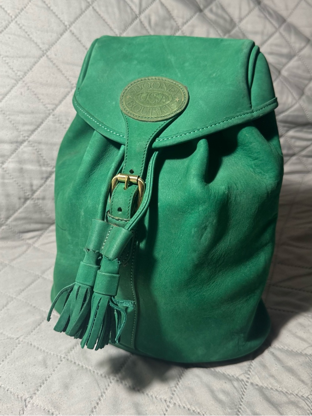 VINTAGE Dooney & Bourke Green Suede Leather Drawstring Backpack USA Tassel Card